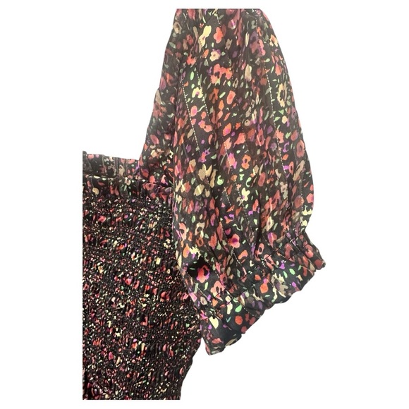 NWT Dex Tinsley Smocked BOHO Black Pink Gold Midi Dress Sheer Puff Sleeves, sz X - Picture 7 of 11